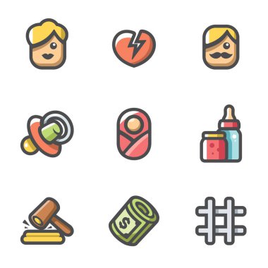 Boşanma veliler, eğitim çocuk, nafaka ödemeleri simgeleri ayarlayın. Vektör çizim.