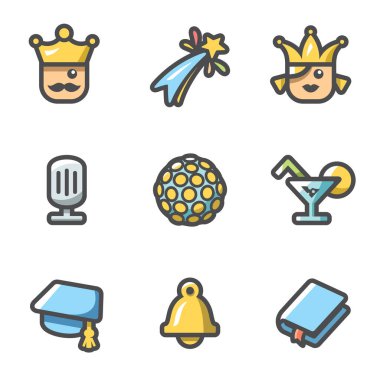 Vektör balo simgeler kümesi. Kral, havai fişek, Kraliçe, ekipman, Disco, alkol, Master, son çağrı, senaryo.
