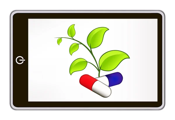 Realistic tablet pc computer with green leaves and pills. eps10 mesh vector illustration — Stock Vector
