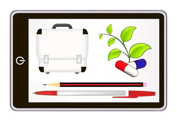 Realistic tablet pc computer with first aid box icon, pen, pencil, pills, green leaves. eps10 mesh vector illustration — Stock Vector