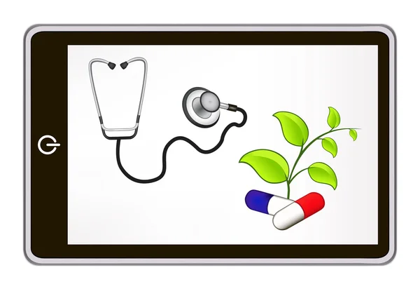 Realistic tablet pc computer with medicine objects. eps10 mesh vector illustration — Stock Vector