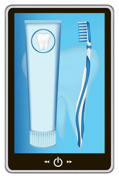 Tablet PC realista ordenador con diente y cepillo de dientes, pasta de dientes. ilustración de vectores de malla eps10 — Archivo Imágenes Vectoriales