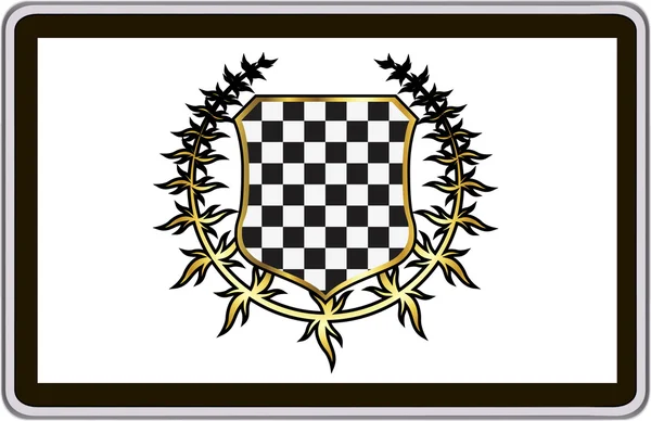 Computer tablet realistico con scudo a scacchi e corona di alloro dorato. eps10 illustrazione vettoriale — Vettoriale Stock