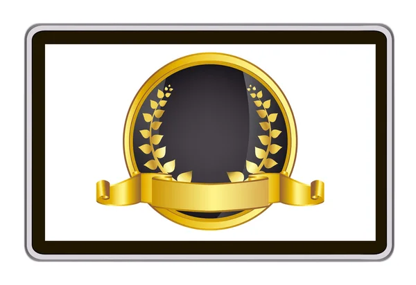 Tablette pc réaliste avec couronne de laurier d'or et ruban. Illustration vectorielle eps10 mesh — Image vectorielle