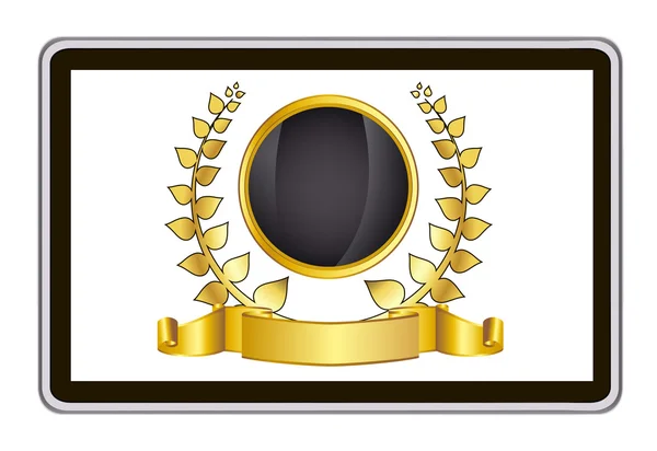 Tablette pc réaliste avec couronne de laurier d'or et ruban. Illustration vectorielle eps10 mesh — Image vectorielle