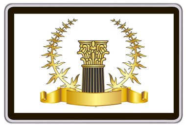 Realistic vector tablet pc computer with gold laurel wreath, ribbon and pillar elements