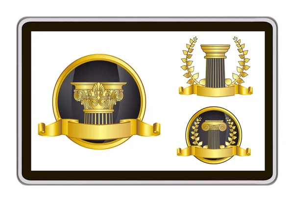 Realistic vector tablet pc computer with gold laurel wreath, ribbon and pillar elements — Stok Vektör