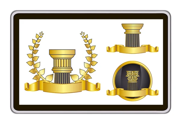 Realistic vector tablet pc computer with gold laurel wreath, ribbon and pillar elements — Stok Vektör