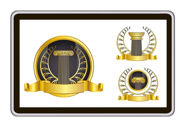 Realistic vector tablet pc computer with gold laurel wreath, ribbon and pillar elements — Stockvector