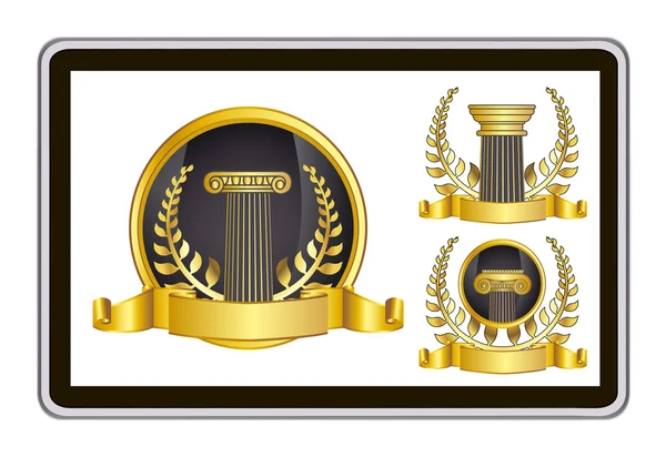 Realistic vector tablet pc computer with gold laurel wreath, ribbon and pillar elements — Stockvector