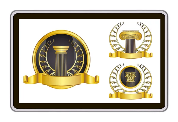 Realistic vector tablet pc computer with gold laurel wreath, ribbon and pillar elements — Stockvector