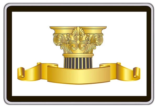 Computer tablet vettoriale realistico con corona di alloro dorato, nastro ed elementi pilastro — Vettoriale Stock