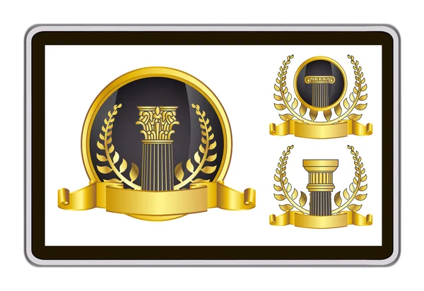 Realistic vector tablet pc computer with gold laurel wreath, ribbon and pillar elements — Stok Vektör