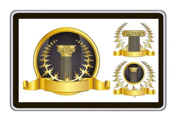 Realistic vector tablet pc computer with gold laurel wreath, ribbon and pillar elements — Stockvector