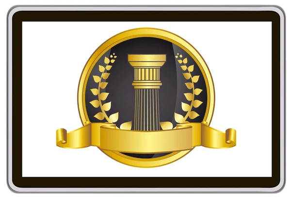 Realistic vector tablet pc computer with gold laurel wreath, ribbon and pillar elements — Stockvector