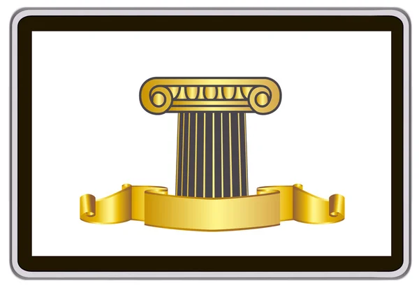 Computer tablet vettoriale realistico con corona di alloro dorato, nastro ed elementi pilastro — Vettoriale Stock