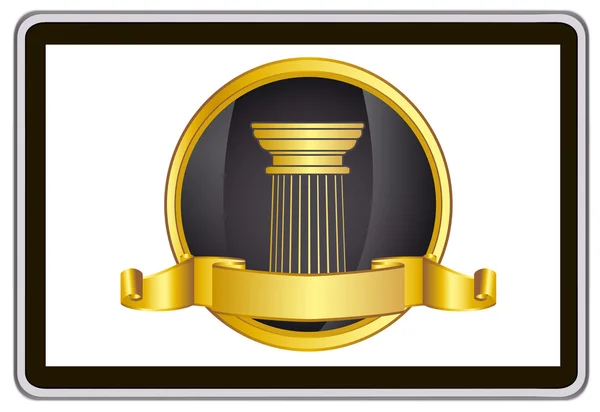 Realistic vector tablet pc computer with gold laurel wreath, ribbon and pillar elements — Stok Vektör