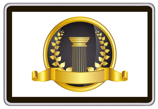 Realistic vector tablet pc computer with gold laurel wreath, ribbon and pillar elements — Stok Vektör