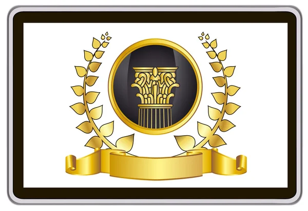 Tableta de vector realista ordenador PC con corona de laurel de oro, cinta y elementos pilar — Archivo Imágenes Vectoriales