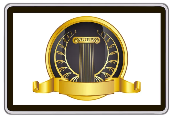 Realistic vector tablet pc computer with gold laurel wreath, ribbon and pillar elements — Stok Vektör