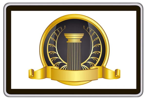 Realistic vector tablet pc computer with gold laurel wreath, ribbon and pillar elements — Stockvector