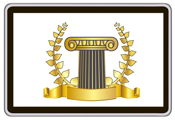 Realistic vector tablet pc computer with gold laurel wreath, ribbon and pillar elements — Stok Vektör