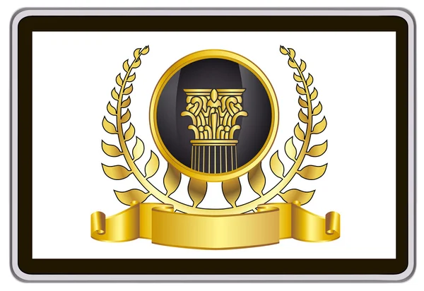 Realistic vector tablet pc computer with gold laurel wreath, ribbon and pillar elements — Stok Vektör