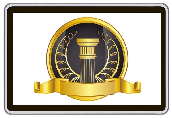 Realistic vector tablet pc computer with gold laurel wreath, ribbon and pillar elements — Stockvector