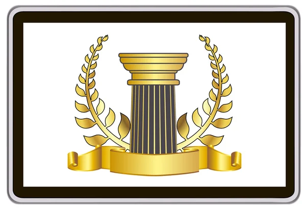 Tableta de vector realista ordenador PC con corona de laurel de oro, cinta y elementos pilar — Vector de stock