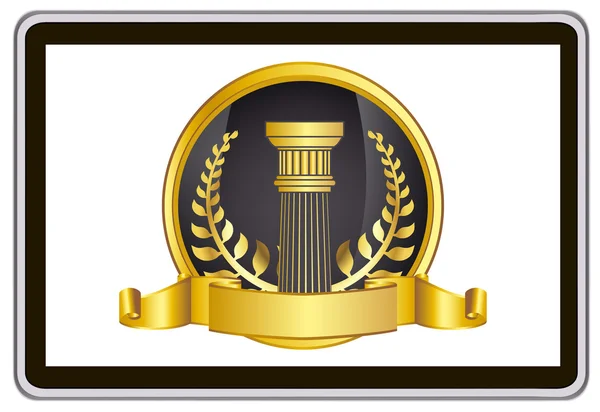Realistic vector tablet pc computer with gold laurel wreath, ribbon and pillar elements — Stok Vektör