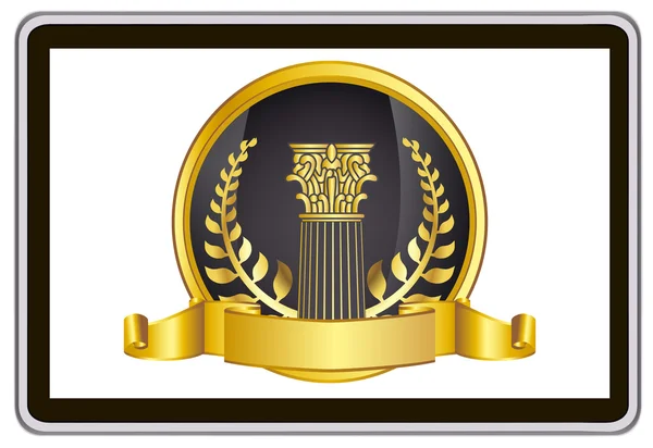 Realistic vector tablet pc computer with gold laurel wreath, ribbon and pillar elements — Stok Vektör