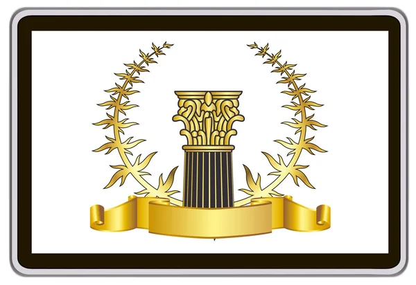 Tablette vectorielle réaliste ordinateur PC avec couronne de laurier d'or, ruban et éléments de pilier — Image vectorielle