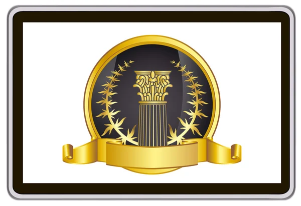 Realistic vector tablet pc computer with gold laurel wreath, ribbon and pillar elements — Stockvector