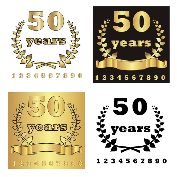 Set van gouden lauwerkrans met gouden cijfer van jubileum jaar, gouden lint op gouden, zwarte en witte achtergrond. eps10 vectorillustratie — Stockvector