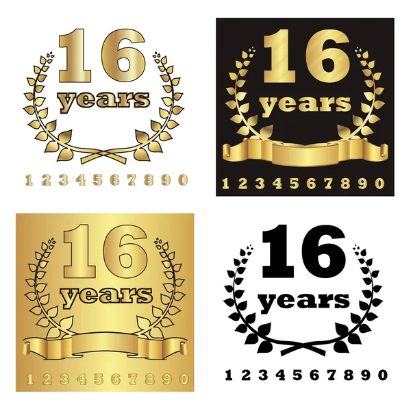 Set de corona de laurel dorado con dígito dorado de años jubilares, cinta dorada sobre fondo dorado, negro y blanco. ilustración vectorial eps10 — Vector de stock