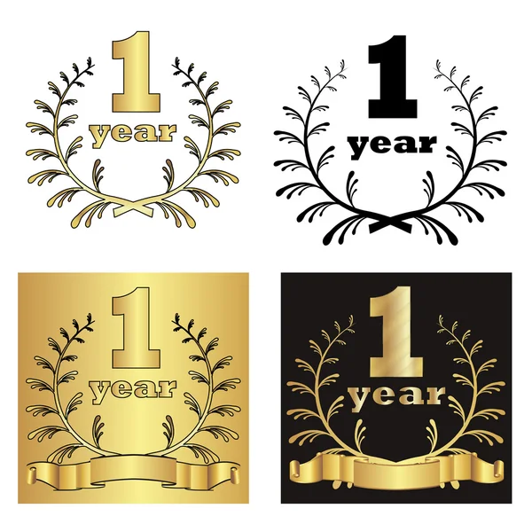 Set of golden laurel wreath with golden digit of jubilee years, golden ribbon on golden, black and white background. eps10 vector illustration — Stock Vector