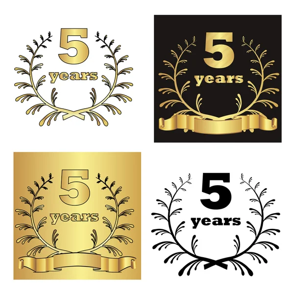 Set of golden laurel wreath with golden digit of jubilee years, golden ribbon on golden, black and white background. eps10 vector illustration — Stock Vector