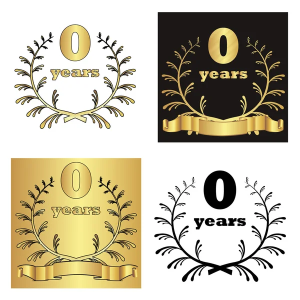 Set de corona de laurel dorado con dígito dorado de años jubilares, cinta dorada sobre fondo dorado, negro y blanco. ilustración vectorial eps10 — Vector de stock