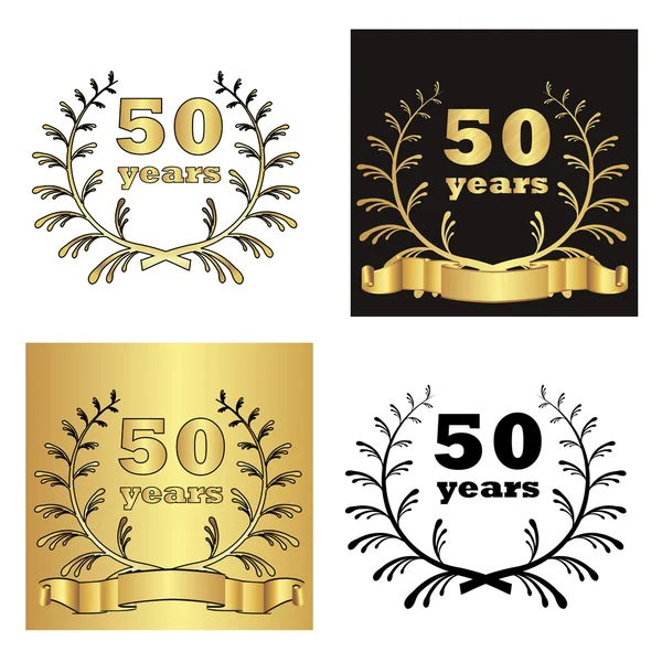 Ensemble de couronne de laurier d'or avec chiffre d'or des années jubilaires, ruban d'or sur fond doré, noir et blanc. illustration vectorielle eps10 — Image vectorielle