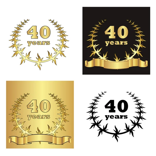 Set de corona de laurel dorado con dígito dorado de años jubilares, cinta dorada sobre fondo dorado, negro y blanco. ilustración vectorial eps10 — Archivo Imágenes Vectoriales