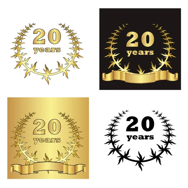 Set of golden laurel wreath with golden digit of jubilee years, golden ribbon on golden, black and white background. eps10 vector illustration — Stock Vector