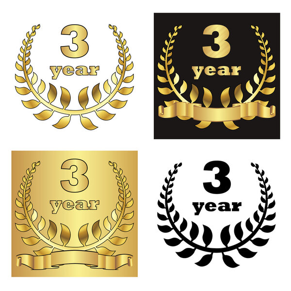 Set of golden laurel wreath with golden digit of jubilee years, golden ribbon on golden, black and white background. eps10 vector illustration