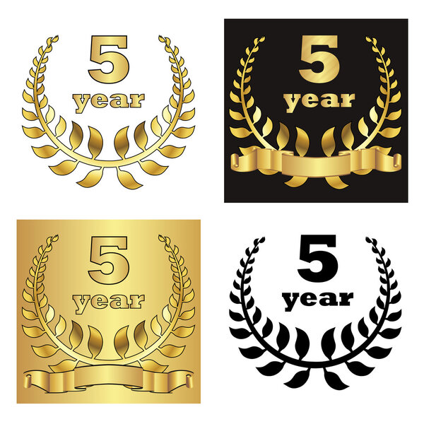 Set of golden laurel wreath with golden digit of jubilee years, golden ribbon on golden, black and white background. eps10 vector illustration