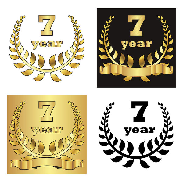 Set of golden laurel wreath with golden digit of jubilee years, golden ribbon on golden, black and white background. eps10 vector illustration