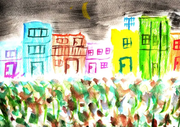 Ручной Рисунок Родного Города Живопись Акварелью Ночное Время Штрих Белой — стоковое фото