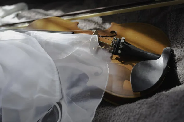 Half Front Side Violin Put White Satin Cloth Background Blurry — Foto Stock
