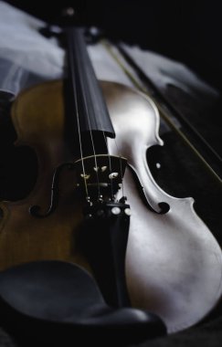 Arka planda kemanın bulanıklığı, akustik enstrüman, klasik ve sanat tonu, etrafta bulanık ışık