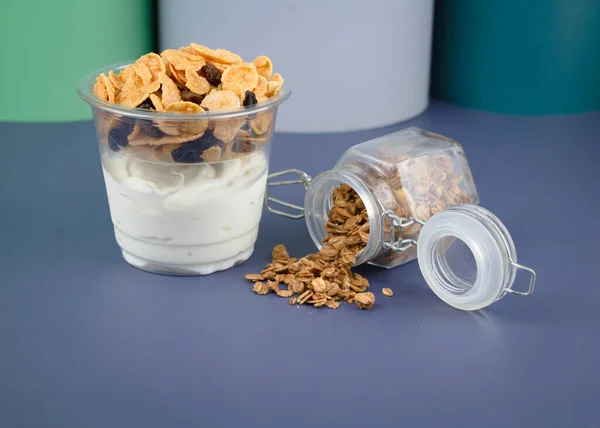 Yoghurt Clear Cup White Creamy Texture Cornflake Put Granola Glass — Stock Photo, Image