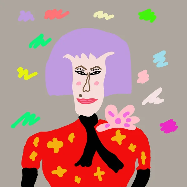 Lady Colorful Hair Cartoon Character Hipster Woman Avatar Hand Drawn — Zdjęcie stockowe
