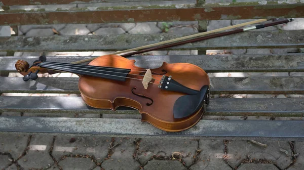 Violin and bow put on old and rust bench in a park,acoustic instrument